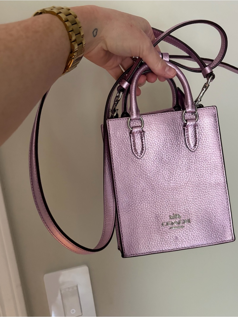 Coach Lilac Metallic Mini Tote with Crossbody Strap